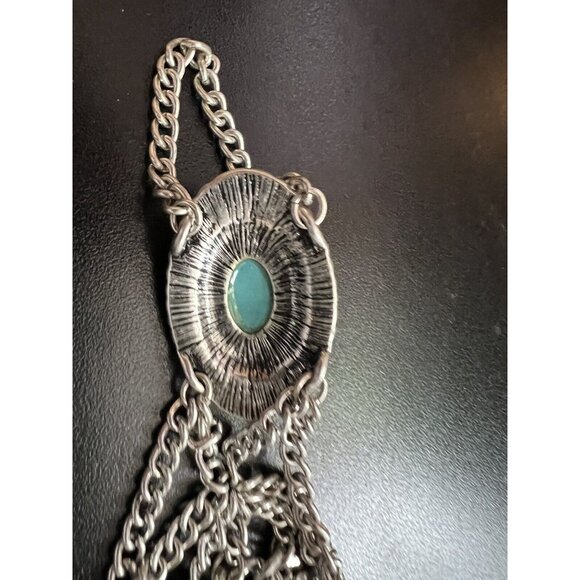 Vintage & Rare Silver Chain Bracelet and Finger Chain with Large Turquoise Stone - Picture 5 of 8